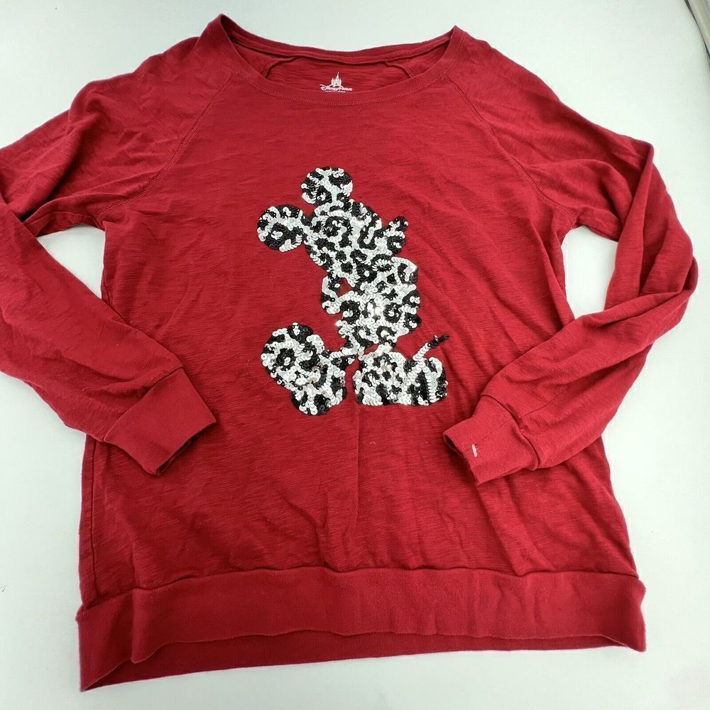 Disney Parks Women's Mickey Mouse Sequins Boat Neck Long Sleeve Shirt Red Size L